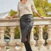 Black Leather Gold Button Midi Pencil Skirt