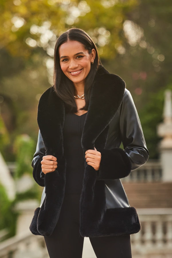 Black Faux Leather Coat With Faux Fur Trim 5 Black Faux Leather Coat With Faux Fur Trim - Image 3
