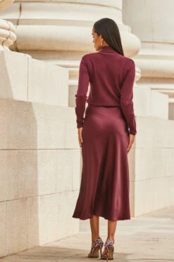 Burgundy Satin Midi Skirt -SOSANDAR Sales web 2309 90 s23sw029rd0004 90 310