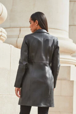 Black Premium Leather Longline Coat -SOSANDAR Sales web 2309 97 a23ol004bk0001 s21ac024blan010one 97 240