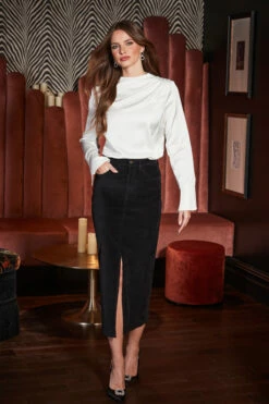 Ivory Satin Cowl Neck Button Detail Blouse -SOSANDAR Sales web 2309 98 a23tw082nl0006 a23sd003bk0001 98 002