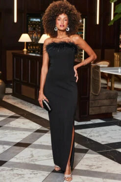 Black Split Detail Feather Trim Jersey Maxi Dress 10 Black Split Detail Feather Trim Jersey Maxi Dress -SOSANDAR Sales web 2310 06 a23dj034bk0001 06 037