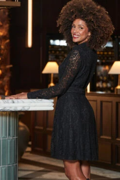 Black Lace Fit & Flare Shirt Dress -SOSANDAR Sales web 2310 16 a23dw092bk0001 16 112