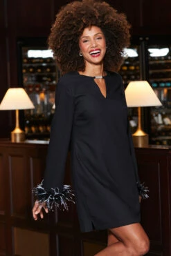 Black Keyhole Detail Feather Cuff Shift Dress -SOSANDAR Sales web 2310 17 a23dw064bk0001 17 048