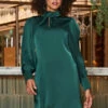 Emerald Green Satin Twist Neck Detail Shift Dress -SOSANDAR Sales web 2310 18 a23dw090gn0032 a23ol008bk0001 18 024