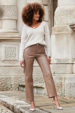 Taupe Leather Straight Leg Trousers
