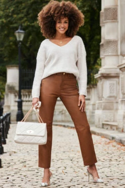 Tan Leather Straight Leg Trousers -SOSANDAR Sales web 2310 20 a22bl020bn0004 a20tk067bn0003 20 020