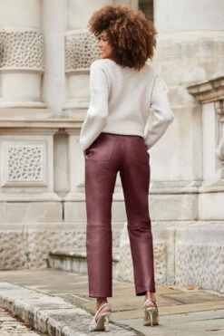 Wine Leather Straight Leg Trousers -SOSANDAR Sales web 2310 20 a22bl020rd001120 109 rc