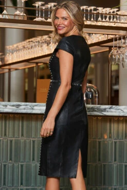 Black Leather Stud Detail V Neck Pencil Dress -SOSANDAR Sales web 2310 20 a23dl003bk0001 20 165