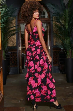 Black & Pink Floral Print Ruffle Detail Maxi Dress -SOSANDAR Sales web 2310 25 a23dw128bkfl01 25 149