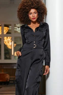 Black Satin Wide Leg Utility Jumpsuit -SOSANDAR Sales web 2310 26 a23jw008bk0001 26 107