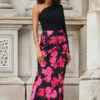Black Floral Print Ruched Detail Satin Maxi Skirt