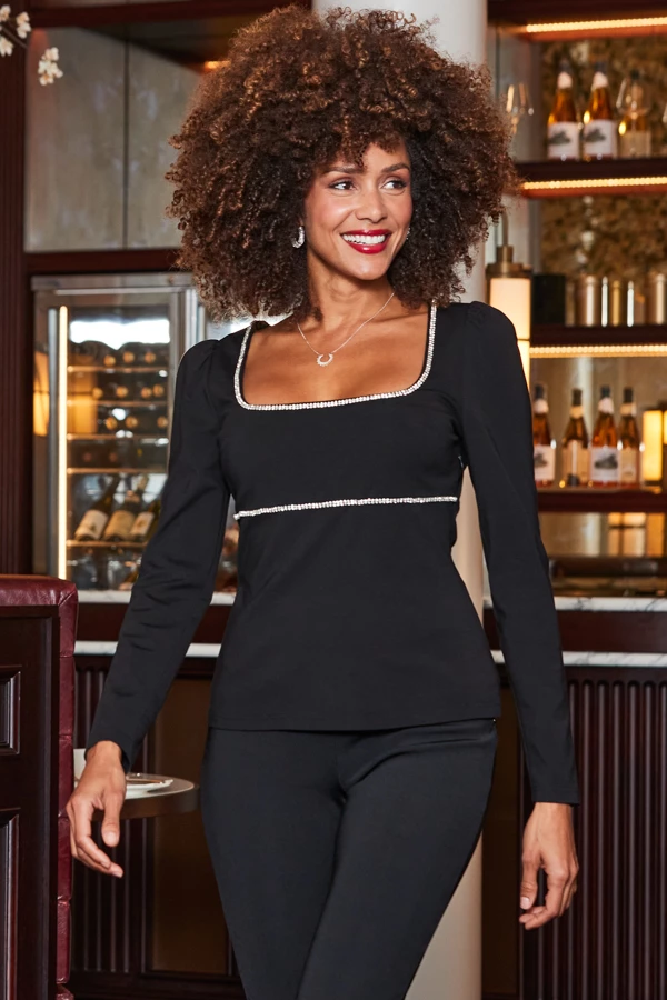 Black Diamante Trim Square Neck Top 3 Black Diamante Trim Square Neck Top
