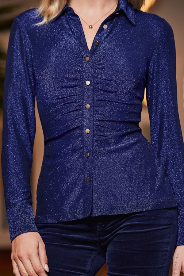 Midnight Blue Metallic Jersey Ruched Detail Shirt 7 Midnight Blue Metallic Jersey Ruched Detail Shirt - Image 5