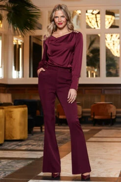 Burgundy Satin Cowl Neck Top -SOSANDAR Sales web 2310 44 a23tw058rd0039 a23bw002rd0011 44 019