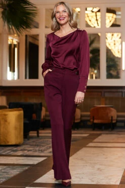 Burgundy Satin Cowl Neck Top -SOSANDAR Sales web 2310 44 a23tw058rd0039 a23bw002rd0011 44 035