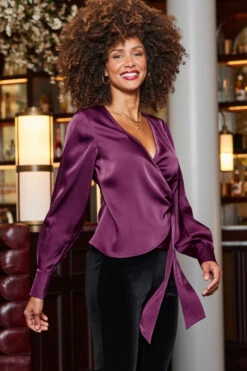 Purple Satin Wrap Front Top -SOSANDAR Sales web 2310 45 a23tw041pe0001 a23bv010bk0001 45 071 rt