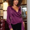 Purple Satin Wrap Front Top -SOSANDAR Sales web 2310 45 a23tw041pe0001 a23bv010bk0001 45 077 rt
