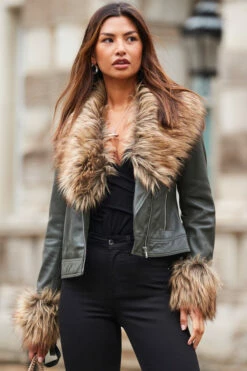 Khaki Green Leather Biker Jacket With Faux Fur Trim -SOSANDAR Sales web 2310 49 a23ol006gn0002 s20bd002bk0001 49 058