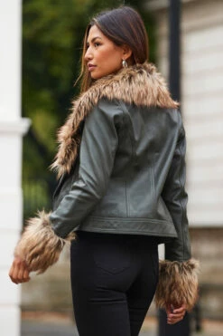 Khaki Green Leather Biker Jacket With Faux Fur Trim -SOSANDAR Sales web 2310 49 a23ol006gn0002 s20bd002bk0001 49 138