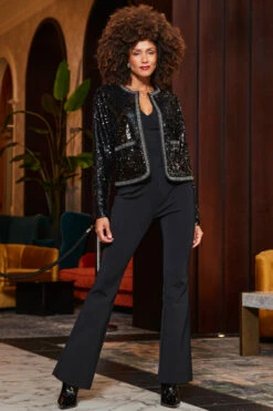 Black Premium Sequin Contrast Trim Jacket -SOSANDAR Sales web 2310 49 s23ow073bk0001 23bj001bk0001 a23bj002bk0001 49 021