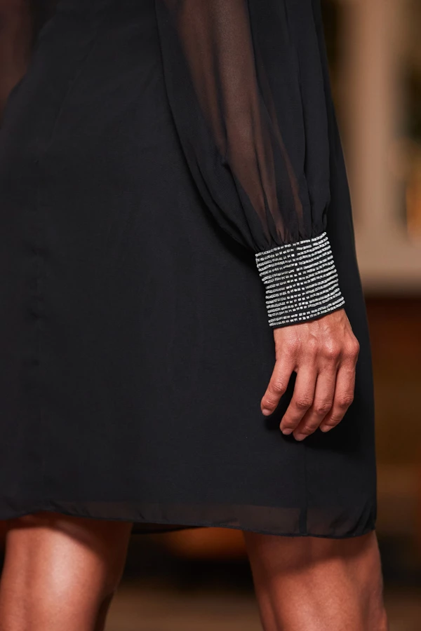 Black Embellished Trim Sheer Sleeve Shift Dress 5 Black Embellished Trim Sheer Sleeve Shift Dress - Image 3