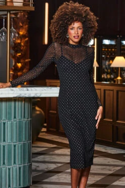 Black Sparkle Mesh High Neck Midi Dress -SOSANDAR Sales web 2310 9 a23dj055bk0001 09 079