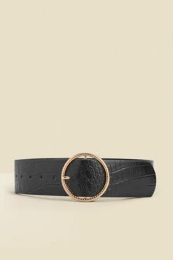 Black Croc Leather Belt With Round Buckle