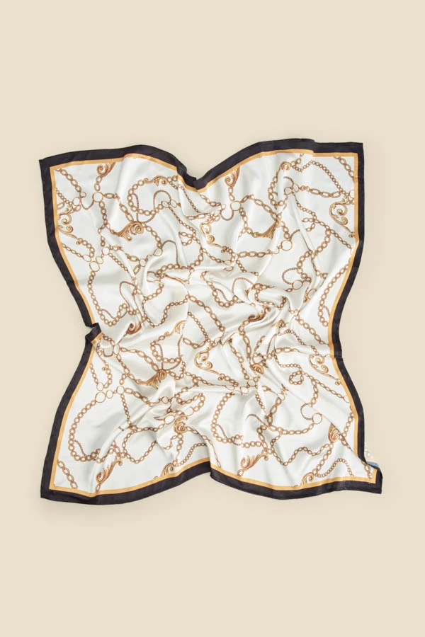 White Chain Print Satin Scarf With Border 4 White Chain Print Satin Scarf With Border - Image 2