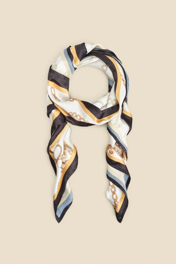 White Chain Print Satin Scarf With Border 3 White Chain Print Satin Scarf With Border