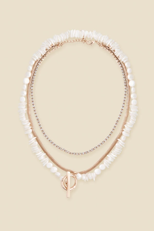 Gold Triple Layer Diamante & Pearl Toggle Detail Necklace 3 Gold Triple Layer Diamante & Pearl Toggle Detail Necklace