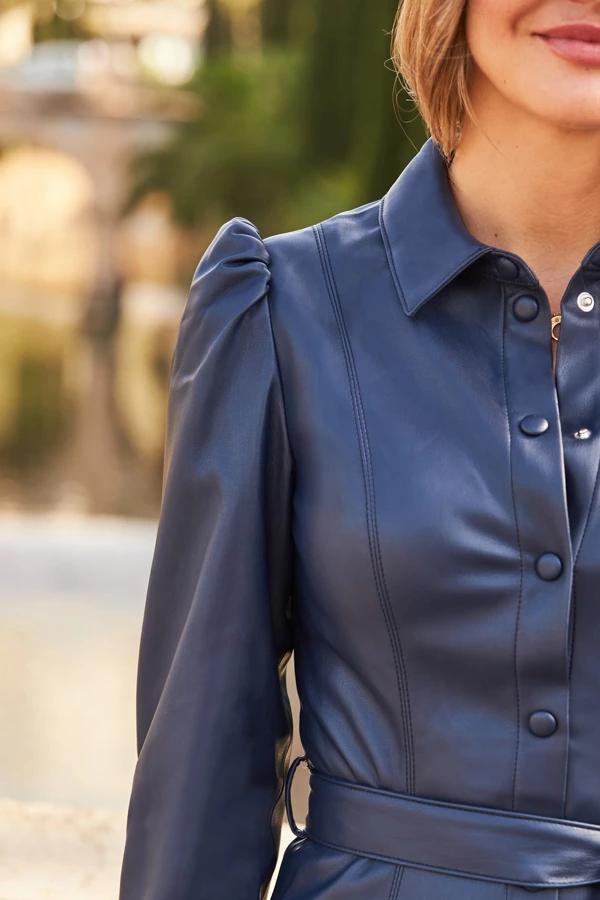 Navy Blue Faux Leather Belted Shirt Dress 4 Navy Blue Faux Leather Belted Shirt Dress - Image 3