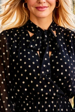 Black & Gold Metallic Spot Print Tie Neck Dress -SOSANDAR Sales web 28 s23dw002bksp01 110