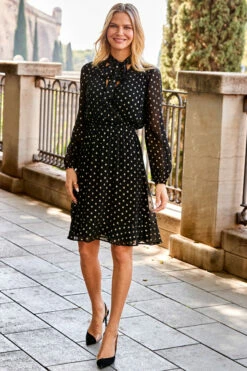 Black & Gold Metallic Spot Print Tie Neck Dress -SOSANDAR Sales web 28 s23dw002bksp01 127