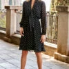 Black & Gold Metallic Spot Print Tie Neck Dress -SOSANDAR Sales web 28 s23dw002bksp01 147