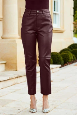 Wine Leather Straight Leg Trousers -SOSANDAR Sales web 31 a22bl020rd0011 413