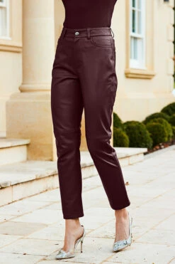 Wine Leather Straight Leg Trousers -SOSANDAR Sales web 31 a22bl020rd0011 421
