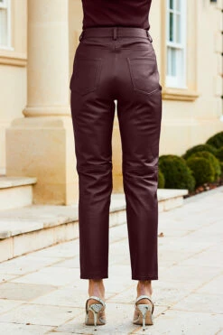 Wine Leather Straight Leg Trousers -SOSANDAR Sales web 31 a22bl020rd0011 457