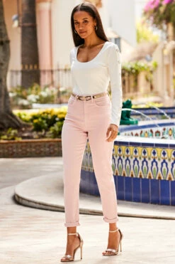 Soft Pink Slim Leg Mom Jeans