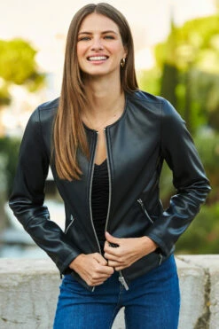 Black Zip Front Round Neck Faux Leather Jacket