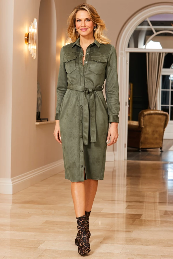 Khaki Green Faux Suede Shirt Dress 4 Khaki Green Faux Suede Shirt Dress - Image 2