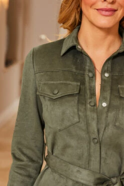 Khaki Green Faux Suede Shirt Dress 12 Khaki Green Faux Suede Shirt Dress -SOSANDAR Sales web 34 a22dp005gn0002 123 khaki rt2