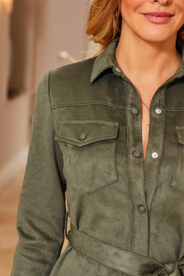 Khaki Green Faux Suede Shirt Dress 7 Khaki Green Faux Suede Shirt Dress - Image 5
