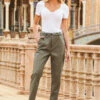 Khaki Green Leather Look D Ring Belted Trousers -SOSANDAR Sales web 34 s20bp001gn0005 s22tj158we0001 055