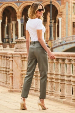 Khaki Green Leather Look D Ring Belted Trousers -SOSANDAR Sales web 34 s20bp001gn0005 s22tj158we0001 089