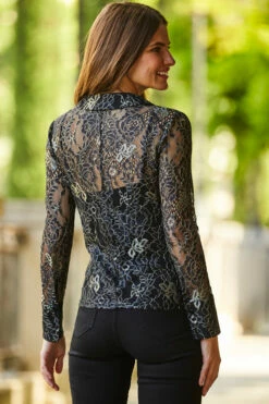 Black & Gold Luxe Lace Gathered Front Jersey Shirt -SOSANDAR Sales web 35 a22tj042bk0001 233