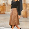 Tan Faux Leather Panelled A-Line Midi Skirt 1 Tan Faux Leather Panelled A-Line Midi Skirt -SOSANDAR Sales web 35 a23sp015bn0004 a20tk001bk 034 rc 2