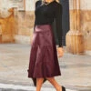 Burgundy Leather Look Panelled A-Line Midi Skirt 1 Burgundy Leather Look Panelled A-Line Midi Skirt -SOSANDAR Sales web 35 s20sp002 a20tk001bk 034 burgundy rt