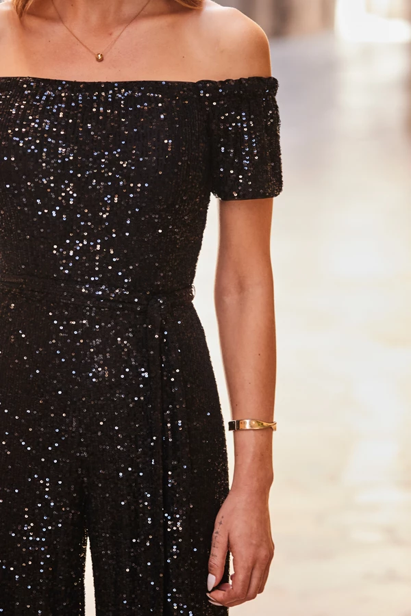 Black Sequin Bardot Wide Leg Jumpsuit 6 Black Sequin Bardot Wide Leg Jumpsuit - Image 4