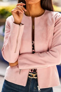 Soft Pink Zip Front Round Neck Suede Jacket -SOSANDAR Sales web 37 s23tj068pian01 s21ol004pk0004 190